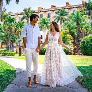 White Lace Maxi Wedding Dress with Modest Plunge Line